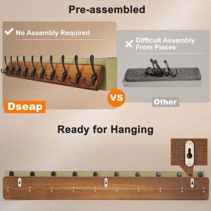 Dseap Coat Rack Wall - Heavy-Duty 38-1/4" Long, with Reinforced 10 Custom Tri-Hooks, Solid Wood Wall Hanger for Coats Hat Jackets - Rustic Farmhouse Entryway Hallway Storage, Black - Image 4